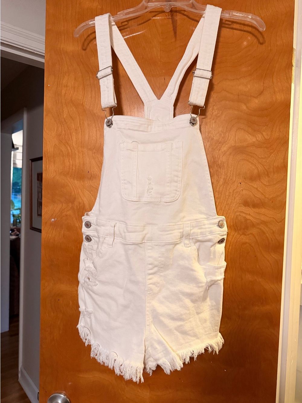 White Distressed Denim Short Overalls